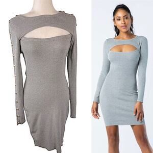 Hera Collection Grey Long Sleeve Cutout Bodycon Chic Sweater Dress Large NWT